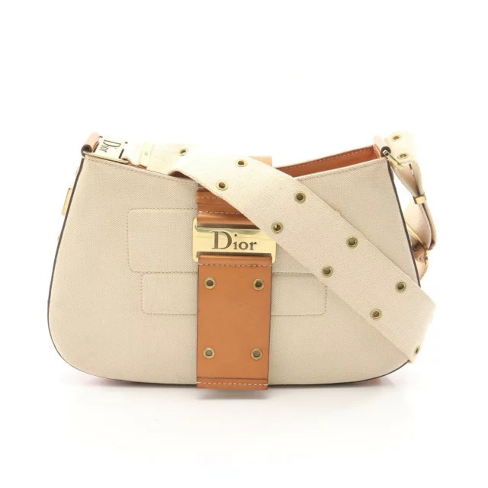 Christian Dior Street Columbus Shoulder Bag Canvas Leather Ivory White Brown